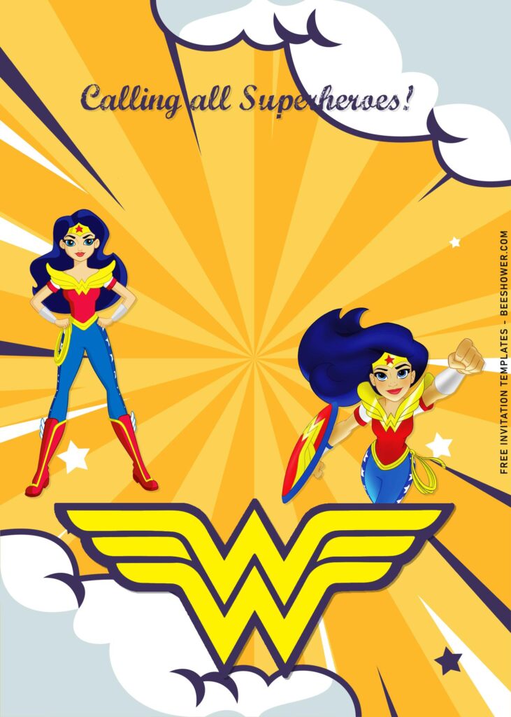 9+ Cute DC Superhero Girls Birthday Invitation Templates with Comic sunburst background
