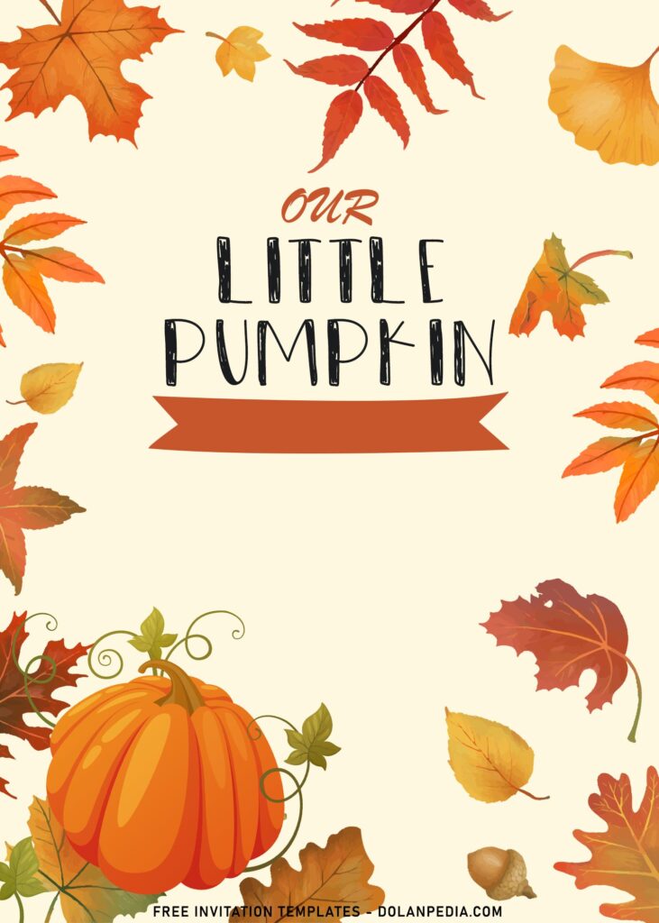 7+ Adorable Little Pumpkin First Birthday Invitation Templates with Hawthorne and yellow birch leaves